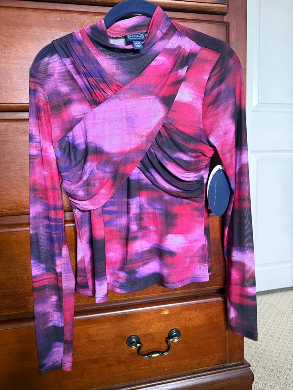 Scoop Pink & Purple Abstract Draped Crossover Long Sleeve Top